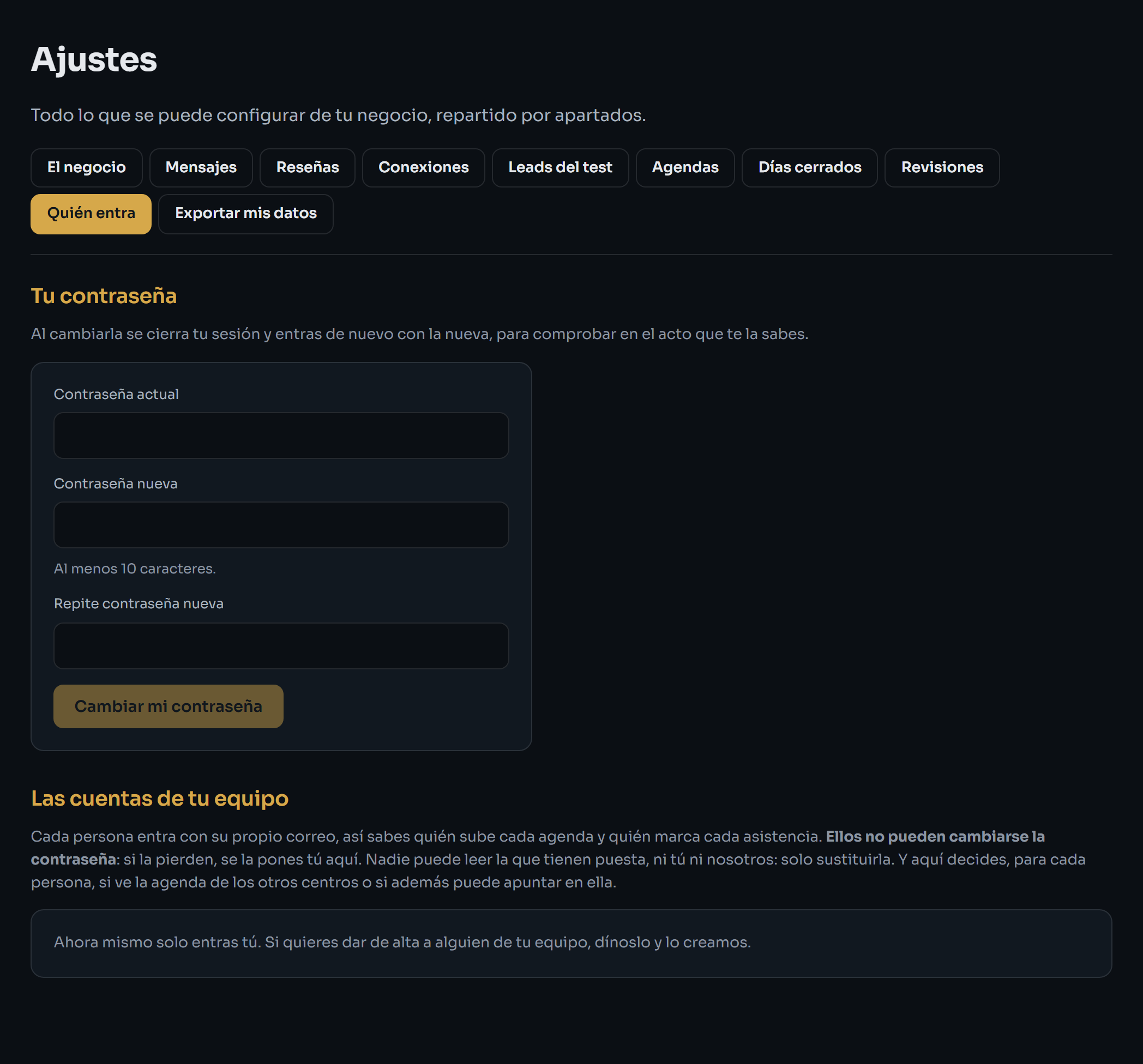 Ajustes, Quién entra: tu contraseña y las cuentas de tu equipo