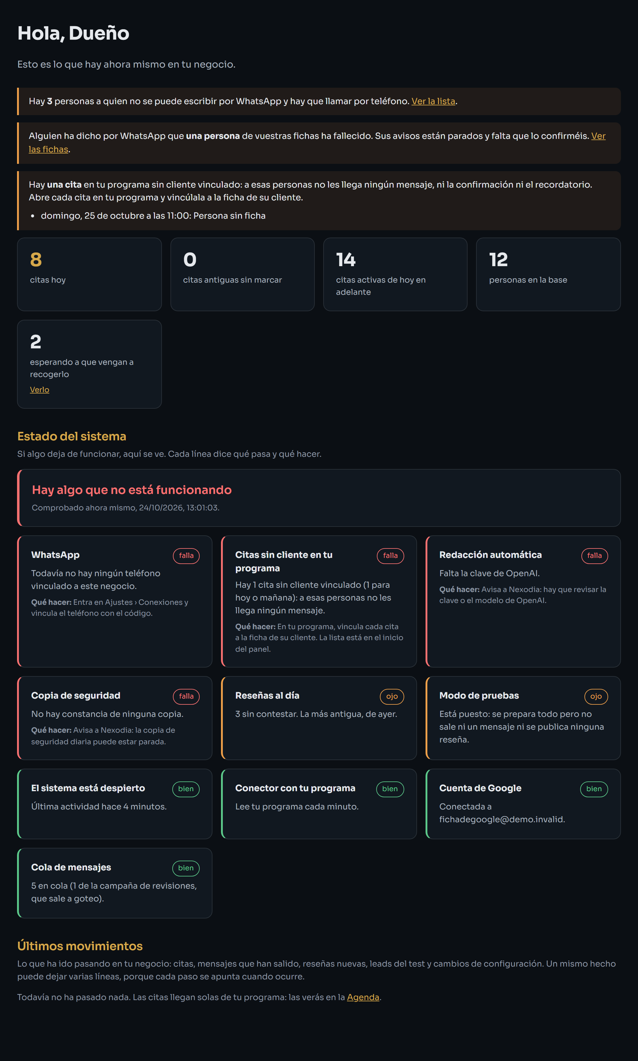Pantalla de Inicio con las cifras del día y las tarjetas del Estado del sistema