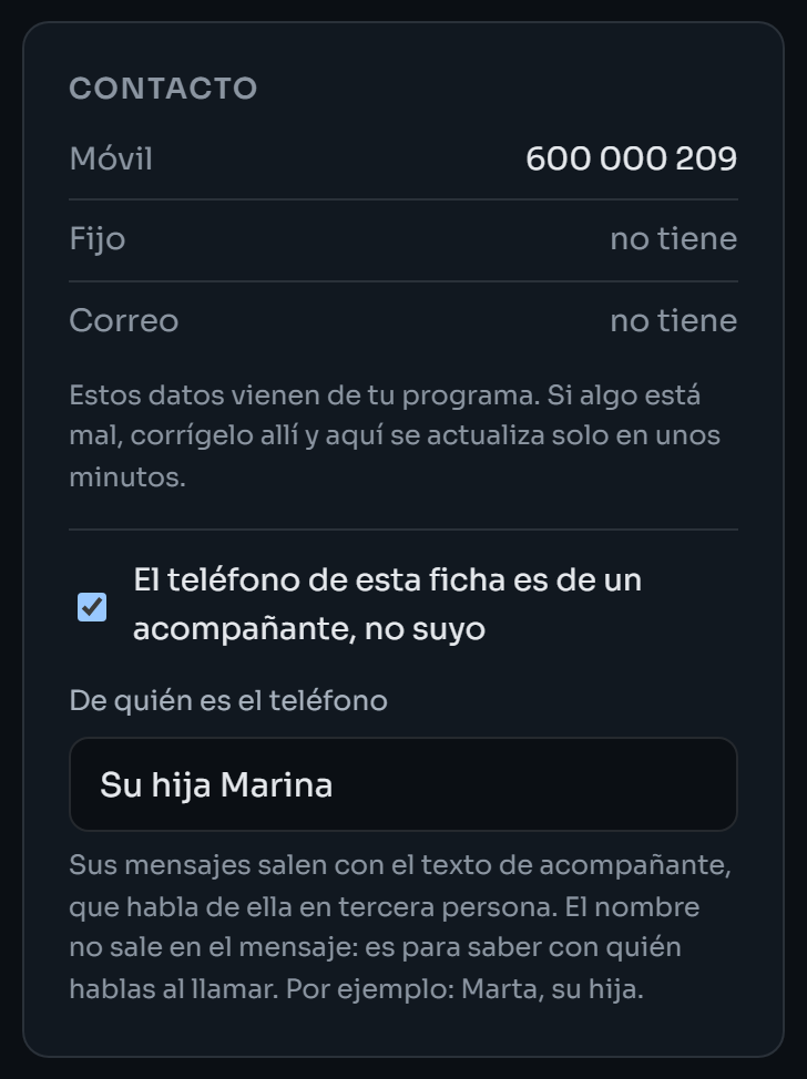 Contacto de la ficha con la casilla de que el teléfono es de un acompañante y de quién es