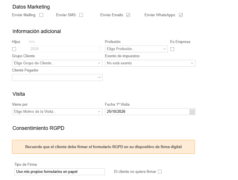 Parte de abajo de Nuevo Cliente en GIO: Datos Marketing, Información adicional, Visita y Consentimiento RGPD con el Tipo de Firma