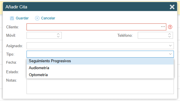 El desplegable Tipo de la cita en GIO: Seguimiento Progresivos, Audiometría y Optometría