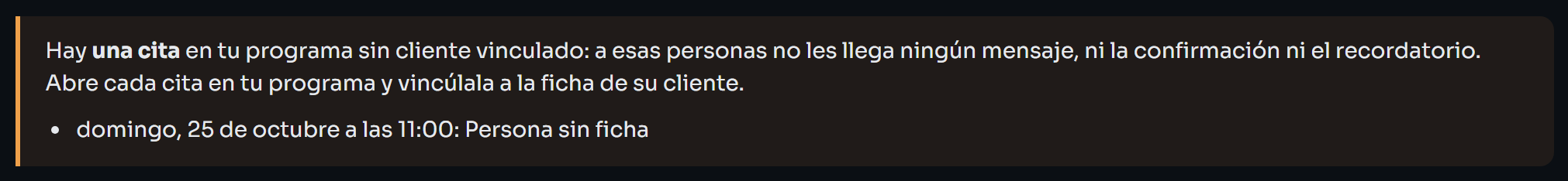 Aviso de Inicio con una cita de GIO sin cliente vinculado