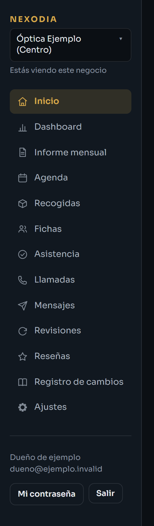 Menú de la izquierda con el selector de centro arriba y las pantallas debajo