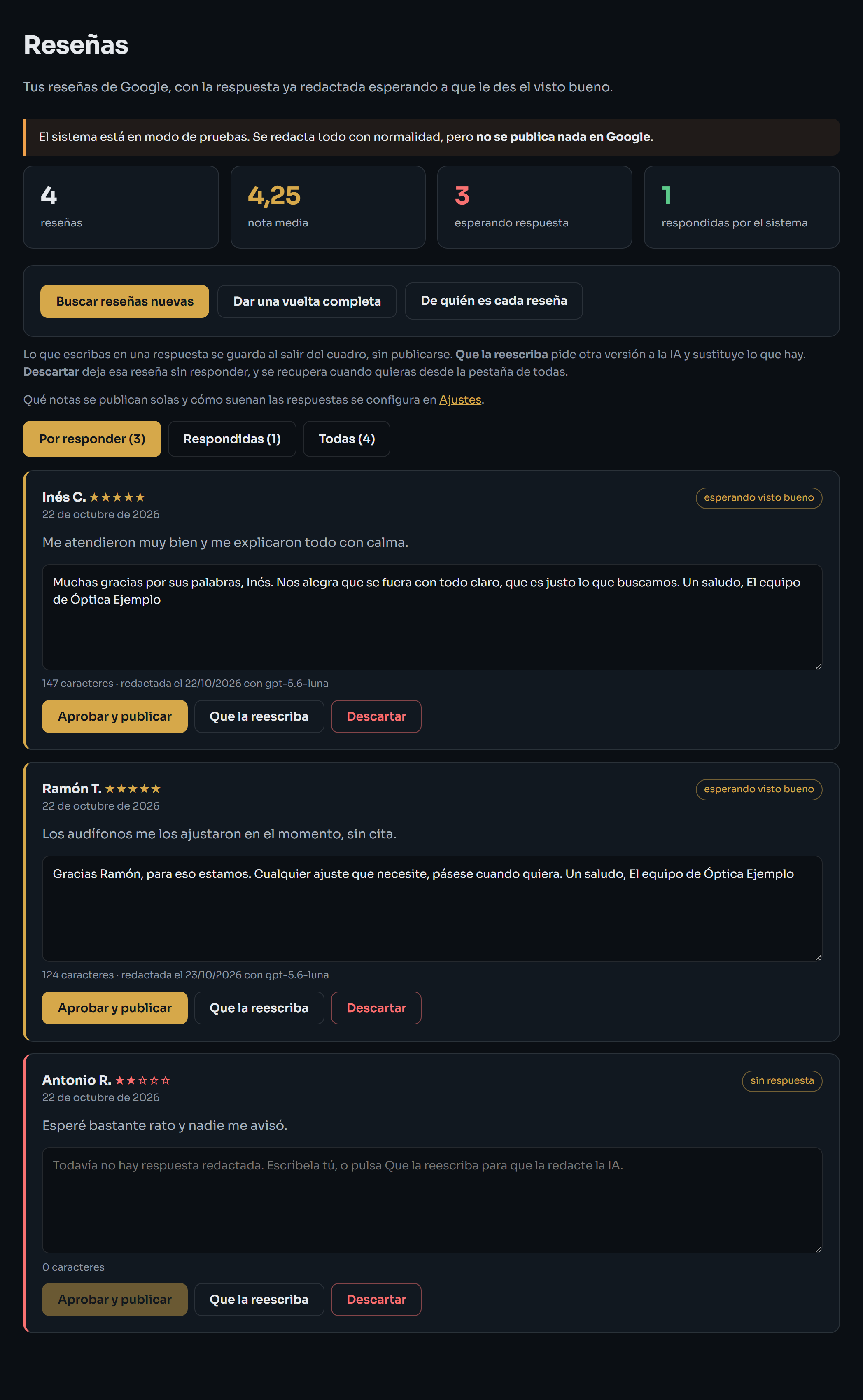 Pantalla de Reseñas con las respuestas que esperan el visto bueno