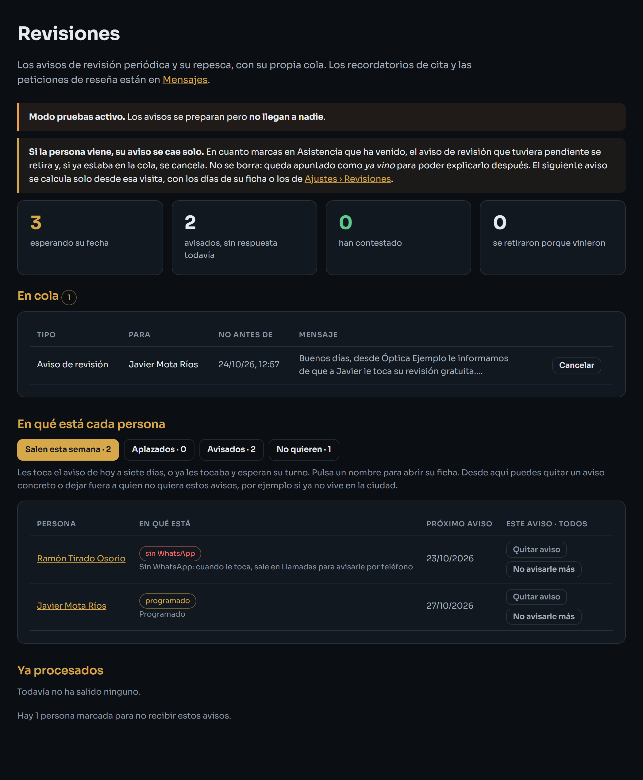 Pantalla de Revisiones con la lista por estado y sus filtros
