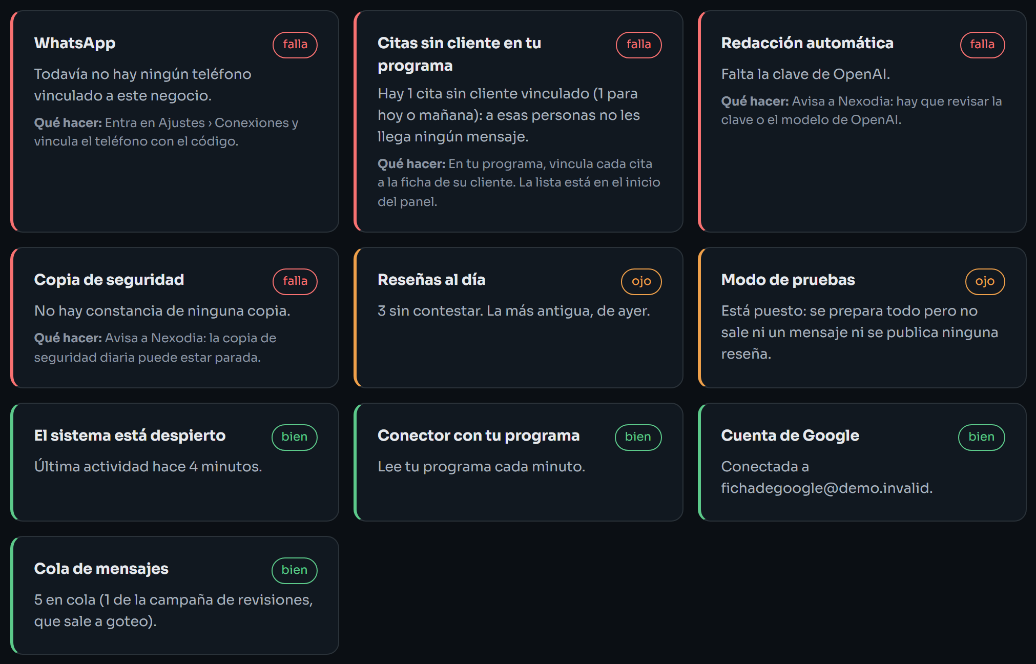 Las tarjetas del Estado del sistema, entre ellas Citas sin cliente en tu programa y Conector con tu programa